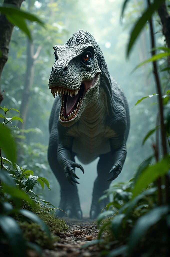 Dinosaur in thr big jungle eating prey with fog and moist covered in dark 