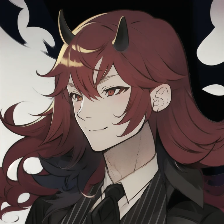 (((One Young Man)))、A young man in his 20s with red hair、Two horns、Demon Man、Bust up shot、Fantasy、In front of a white wall