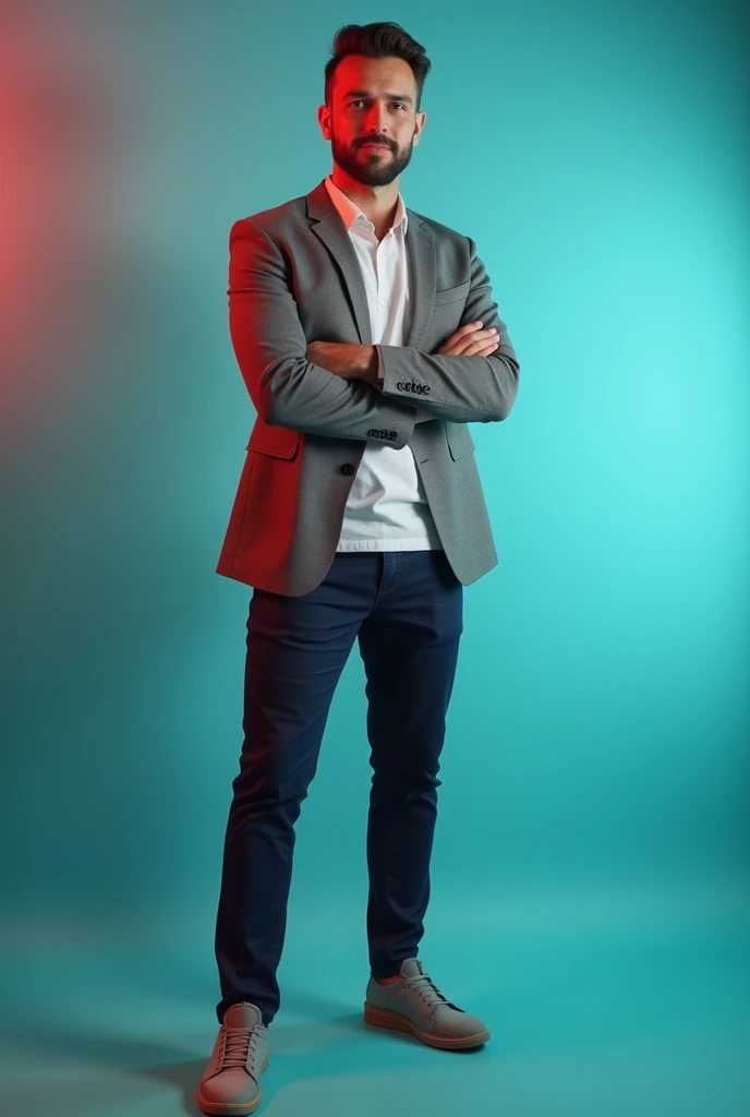 The man is positioned against aqua colour backdrop with a subtle red lighting on the left side. and he posing for LinkedIn profile