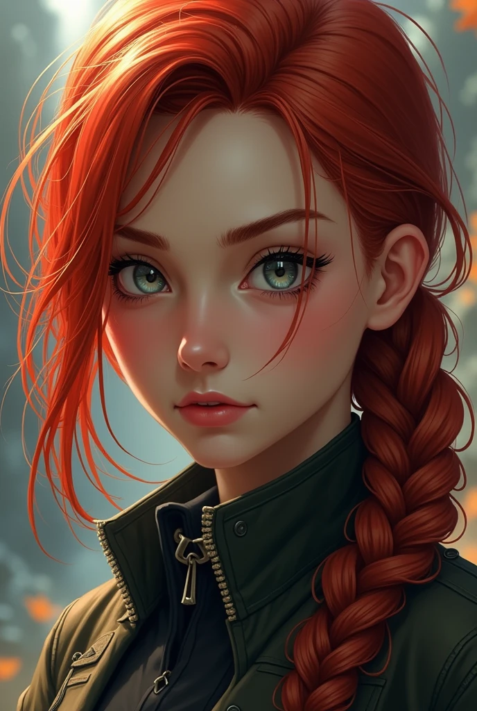Female character in a book, She is a rebel with red hair braided to the side, has grey eyes