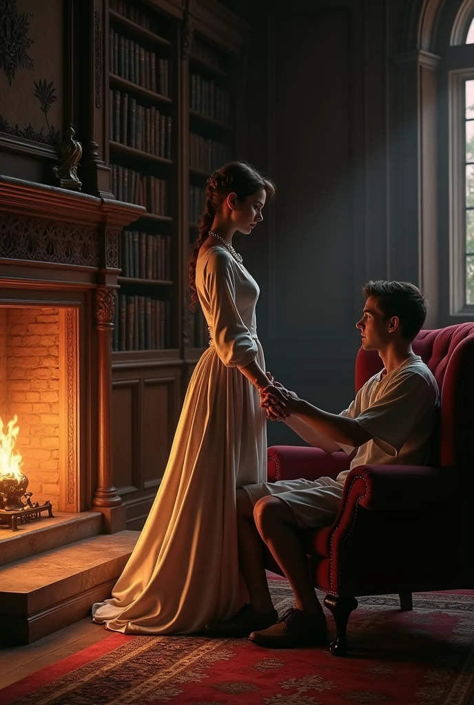The scene takes place in an opulent palace, where the luxurious corridors now seem charged with tension and uncertainty. the Queen e seu filho, The Prince, are in the royal library, a majestic space with dark wooden shelves and a large, blazing fireplace that illuminates the room with a warm, haunting glow.

the Queen, a woman of dignified and serene beauty, is standing near the window, his eyes fixed on the darkness of twilight that stretches over the garden. Her fingers nervously caress a pearl necklace, a gift from her late husband, as if the familiar texture could offer him some comfort. Your silk dress, despite being elegant, seems to weigh more than normal, as if the gravity of the situation was reflected in his tense posture.

The Prince, a young man with a determined but visibly frightened expression, is sitting in one of the velvet armchairs, the rigid posture and hands clasped in her lap. He tries to keep calm, but the paleness of her face and her wide eyes betray her fear. The occasional sound of footsteps in the hallway and the murmur of distant voices just out of sight only heighten the feeling of claustrophobia..

The two share a silent look of understanding and concern.. the Queen se aproxima dThe Prince e se ajoelha ao seu lado, holding your hands firmly. The gesture is an attempt to convey strength and courage, even when the dread is palpable. She murmurs words of comfort and encouragement, trying to hide his own fear in an effort to keep his son&#39;s spirits up.

The library, a room that usually symbolizes knowledge and power, now it is a temporary refuge filled with uncertainty. The shadows cast by the fireplace flames stretch across the walls, creating threatening shapes that seem to move with the tension of the moment. Every bookshelf, which previously represented wisdom and stability, now it seems like a hiding place for secrets and possible betrayals.

The fear of being