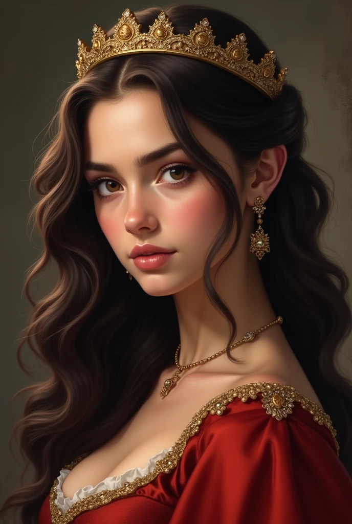 In the style of realism, create one with long and voluminous dark brown curly hair, with dark brown eyes and a slightly worried expression. Your eyebrows are full and your lips are small and full.. She has slightly tanned white skin. She is wearing a red medieval style dress., and on his head he has a golden crown studded with stones. She appears to have .