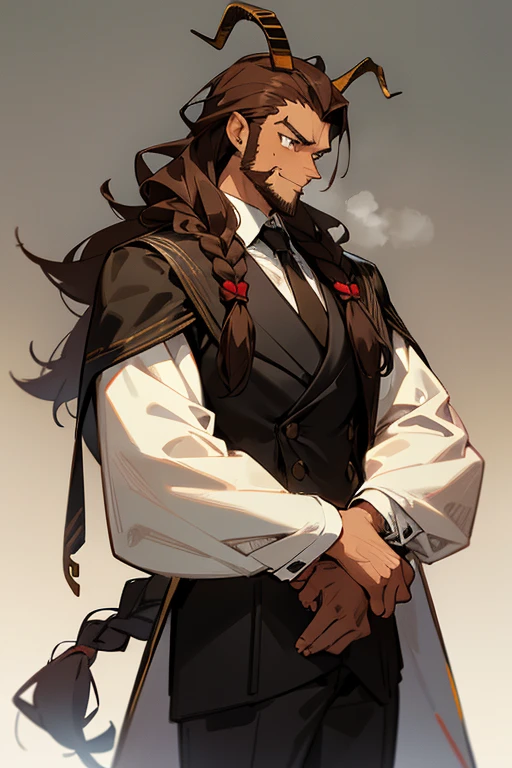 Tall Man, braided hair with loose reddish brown strands, light brown skin, horns similar to those of a goat and that are black,with elegant clothing such as a grey suit, who wears earrings and has a short, elegant beard, in the style of the anime my hero academia, that the man is a little muscular and has a happy expression
