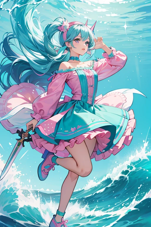Naddie is a light blue doll with teal hair.
Her top depicts an ocean wave and her skirt is pink/purple/teal/green.
She wears a horn headband and fins on her wrist. She has pink shoes.
 She comes with a Sword figurine. SPARKLE; GLITTER