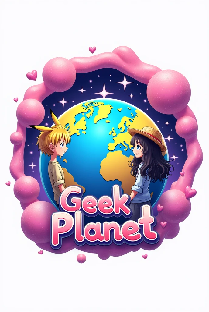 logo con un 🌎 en grande y en la parte del fondo combinado con estrellas, heart and crescent moon in pink with purple, In the front of the world there are two anime figures, a boy with wavy hair and a girl with long black hair wearing shirts and Pikachu ears or a straw hat. (Luffy de one piece) and the name Geek Planet in the middle of the logo (with vivid colors throughout the image) WITH WHITE BACKGROUND