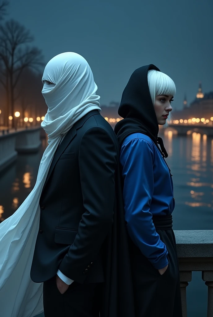 The background of the Seine and at night on the left there is a man who has on his head a white fabric falling towards the back of his head covering the entirety of his face he has a black suit with a black tie a white shirt on the right of the image a masculine man back to back to the first character we have a character with a white bob, white hood hiding his face ,une chemise bleue il possède