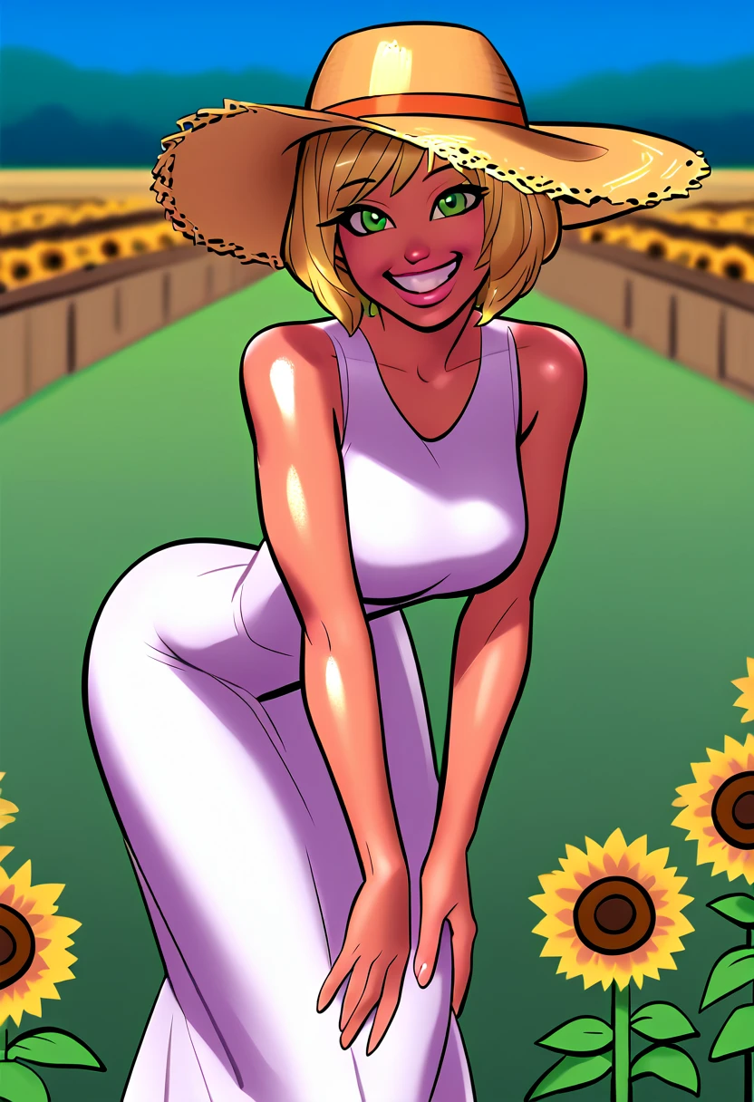 score_5_up, score_6_up, 
1girl, solo, standing, leaning forward, looking at viewer, wearing (white dress,hat, straw_hat), short hair, green eyes, happy, tanlines, outdoors, sunflower field