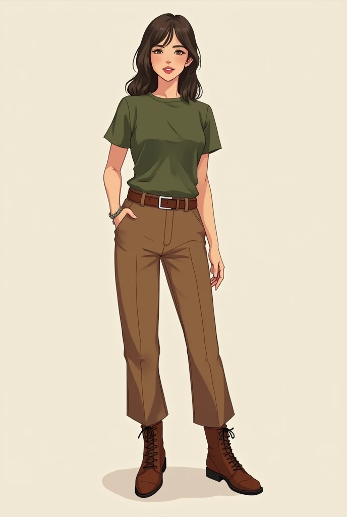 A girl wearing classy outfit, olive colour tshirt, brown pant,brown boots