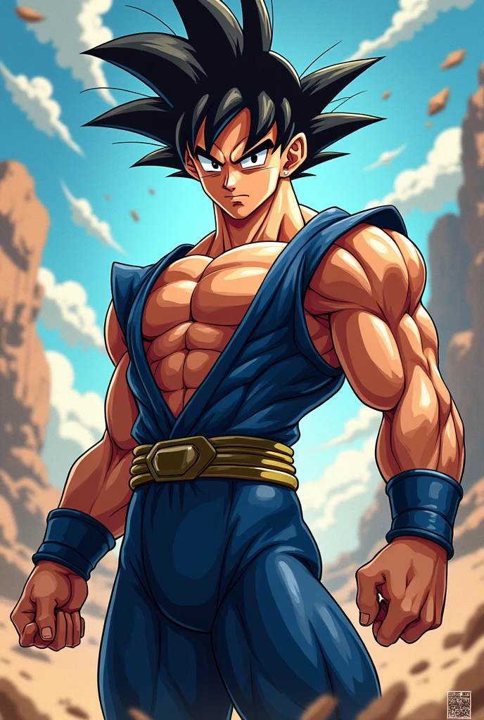Draw Son Goku in a Dragon Ball cartoon style in a glossy tight wrestling outfit