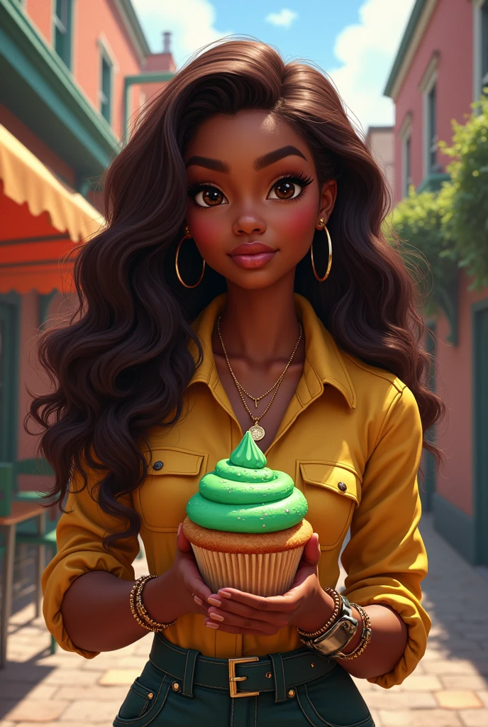 Tiana da Disney no estilo decendants 4 humana com um cupcake verde