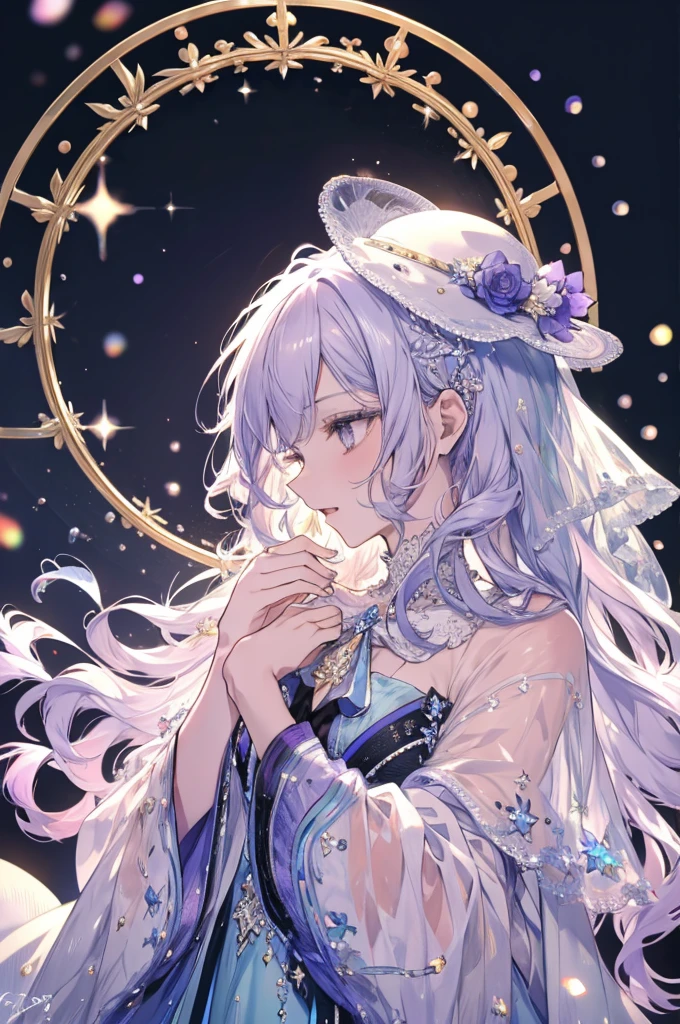 High resolution RAW color art, animation,Sculpture, Silver Marble Skin, (((Highly detailed elegant))), magicのような雰囲気, Detailed skin, texture,(Exquisitely crafted, The finer details, Ultra-detailed art), Depth of written boundary, Bokeh, Silky to the touch, Hyper Detail, White Background, (Pastel Purple), Beautiful Eyes, Elegant face, profile, Magic Hat, magic, surprised