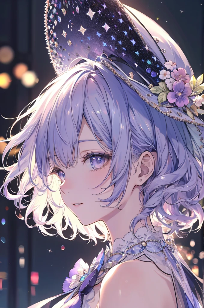 High resolution RAW color art, animation,Sculpture, Silver Marble Skin, (((Highly detailed elegant))), magicのような雰囲気, Detailed skin, texture,(Exquisitely crafted, The finer details, Ultra-detailed art), Depth of written boundary, Bokeh, Silky to the touch, Hyper Detail, White Background, (Pastel Purple), Beautiful Eyes, Elegant face, profile, Magic Hat, magic, surprised