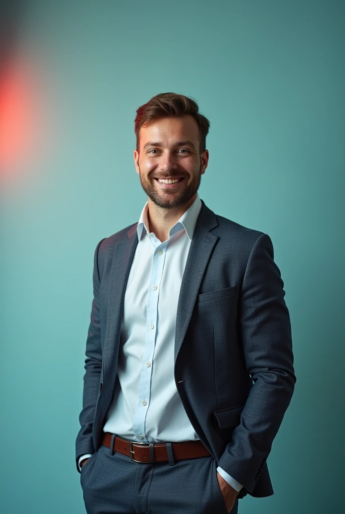 The man is positioned against aqua colour backdrop with a subtle red lighting on the left side. and he posing for LinkedIn profile