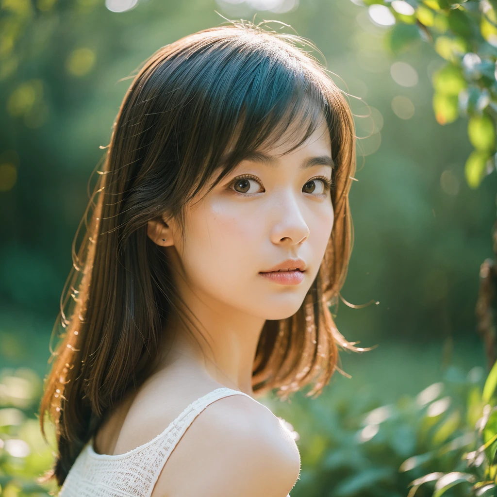 A hyper-realistic image of a single Japanese woman in her early 20s, captured with the rich, nostalgic warmth and pronounced graininess of a film camera. Her skin has a warm beige tone with a natural, slightly rough texture that includes visible pores, fine lines, and subtle imperfections such as small blemishes, enhancing the authenticity of her appearance. The soft, diffused natural light is complemented by the distinctive film grain, creating gentle shadows that lend the image a timeless, organic feel. Her straight, glossy black hair frames her face naturally, and her deep brown eyes reflect the ambient light with a softness characteristic of classic film photography. The film camera effect is further accentuated with a stronger grain and a slight vignette, adding to the overall nostalgic atmosphere while maintaining the realistic texture of her skin. The colors are subtly muted, with warm tones that evoke the aesthetic of vintage film. She is dressed simply, in a way that complements her natural beauty, with the composition designed to evoke a sense of genuine, understated elegance. The enhanced film-like qualities, combined with the natural light and the realistic texture of her skin, ensure that this image captures the imperfections that make her beauty truly lifelike, focusing solely on this one individual.