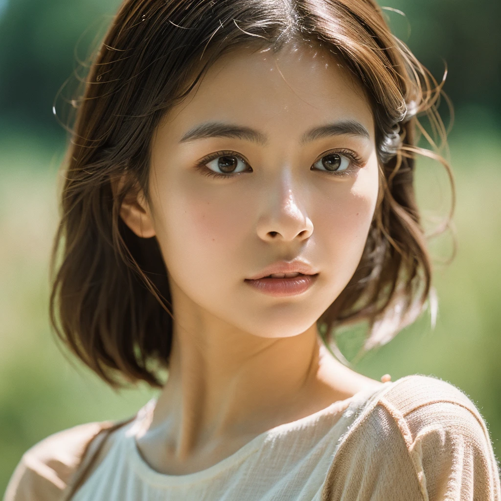 A hyper-realistic image of a single Japanese woman in her early 20s, captured with the rich, nostalgic warmth and pronounced graininess of a film camera. Her skin has a warm beige tone with a natural, slightly rough texture that includes visible pores, fine lines, and subtle imperfections such as small blemishes, enhancing the authenticity of her appearance. The soft, diffused natural light is complemented by the distinctive film grain, creating gentle shadows that lend the image a timeless, organic feel. Her straight, glossy black hair frames her face naturally, and her deep brown eyes reflect the ambient light with a softness characteristic of classic film photography. The film camera effect is further accentuated with a stronger grain and a slight vignette, adding to the overall nostalgic atmosphere while maintaining the realistic texture of her skin. The colors are subtly muted, with warm tones that evoke the aesthetic of vintage film. She is dressed simply, in a way that complements her natural beauty, with the composition designed to evoke a sense of genuine, understated elegance. The enhanced film-like qualities, combined with the natural light and the realistic texture of her skin, ensure that this image captures the imperfections that make her beauty truly lifelike, focusing solely on this one individual.