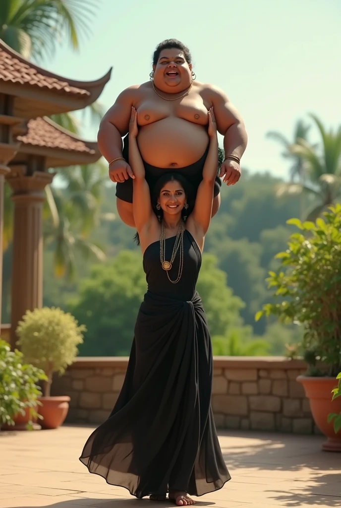 Beautiful Indian woman in black lifting a large chubby man high above her head with her strong arms. Photorealistic. At home terrace, natural smile