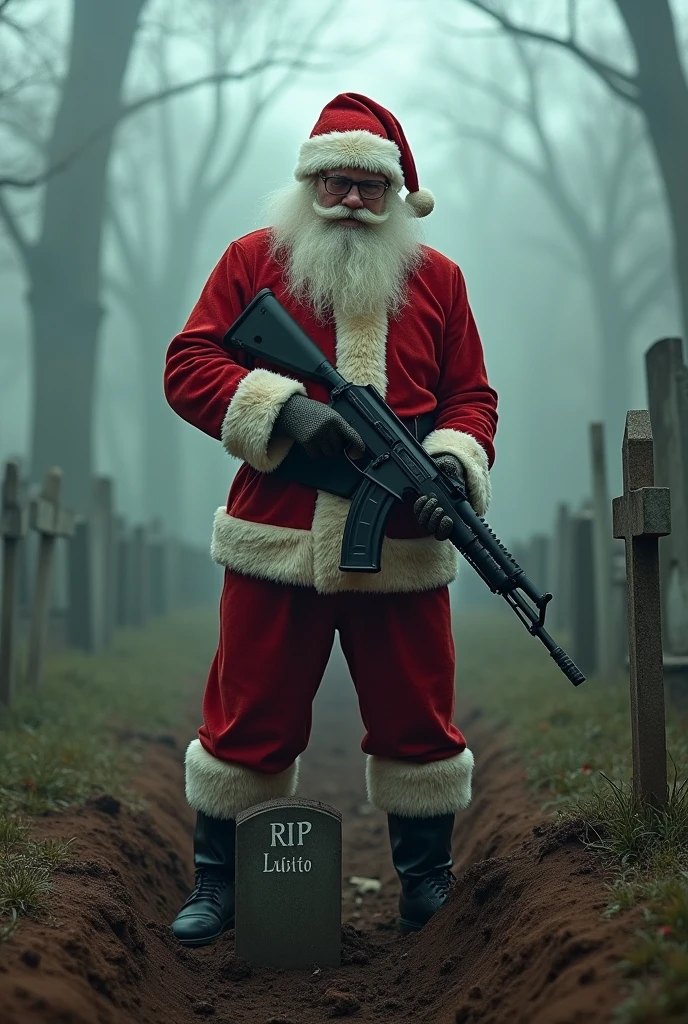 Create a Santa Claus with an ak in his hand and in a cemetery burying a person and a grave that says RIP LUISITO