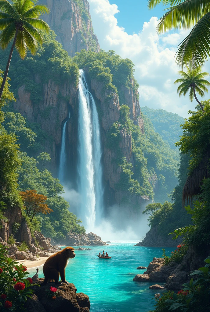 Paradise island with waterfall and animals