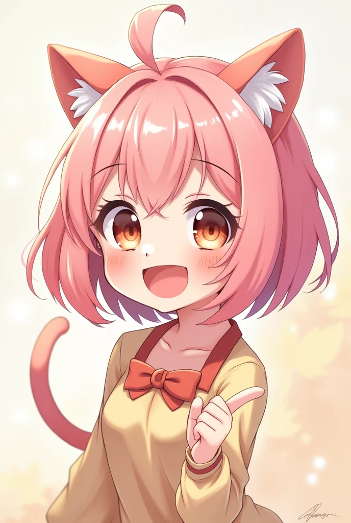 Create a 2d image of a cute anime girl smiling with pastel pink hair all excited with cat ears