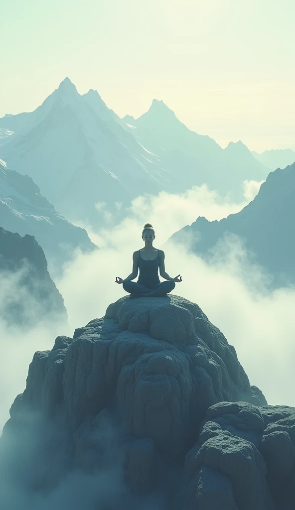 A person meditating on a mountain, surrounded by clouds, representing the search for inner peace and deep reflection.