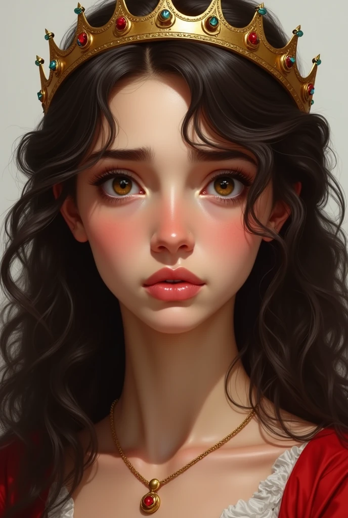 In the style of realism, create one with long and voluminous dark brown curly hair, with dark brown eyes and a slightly worried expression. Your eyebrows are full and your lips are small and full.. She has slightly tanned white skin. She is wearing a red medieval style dress., and on his head he has a golden crown studded with stones. She looks like she's .