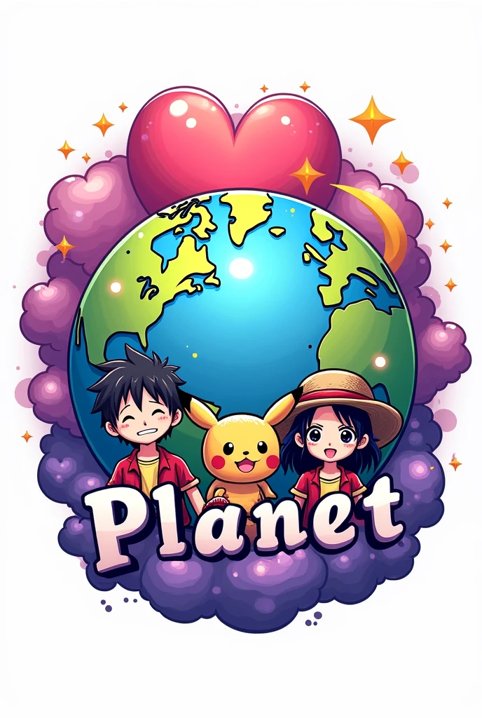 logo con un ๐ en grande y en la parte del fondo combinado con estrellas, heart and crescent moon in pink with purple, In the front of the world there are two anime figures, a boy with wavy hair and a girl with long black hair wearing shirts and Pikachu ears or a straw hat. (Luffy de one piece) and the name Geek Planet in the middle of the logo (with vivid colors throughout the image) WITH WHITE BACKGROUND
