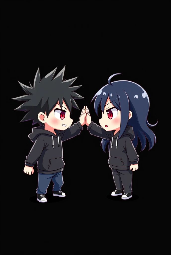 A boy ((( Anime boy , Spiky hair , black hair , black hoodie , blood red eyes , narrowed eye
))) , A girl ((( Anime girl , dark blue hair , modern day mullet hair style , black hoodie , red eyes , almond eye
))) , black background , chibi , highfive