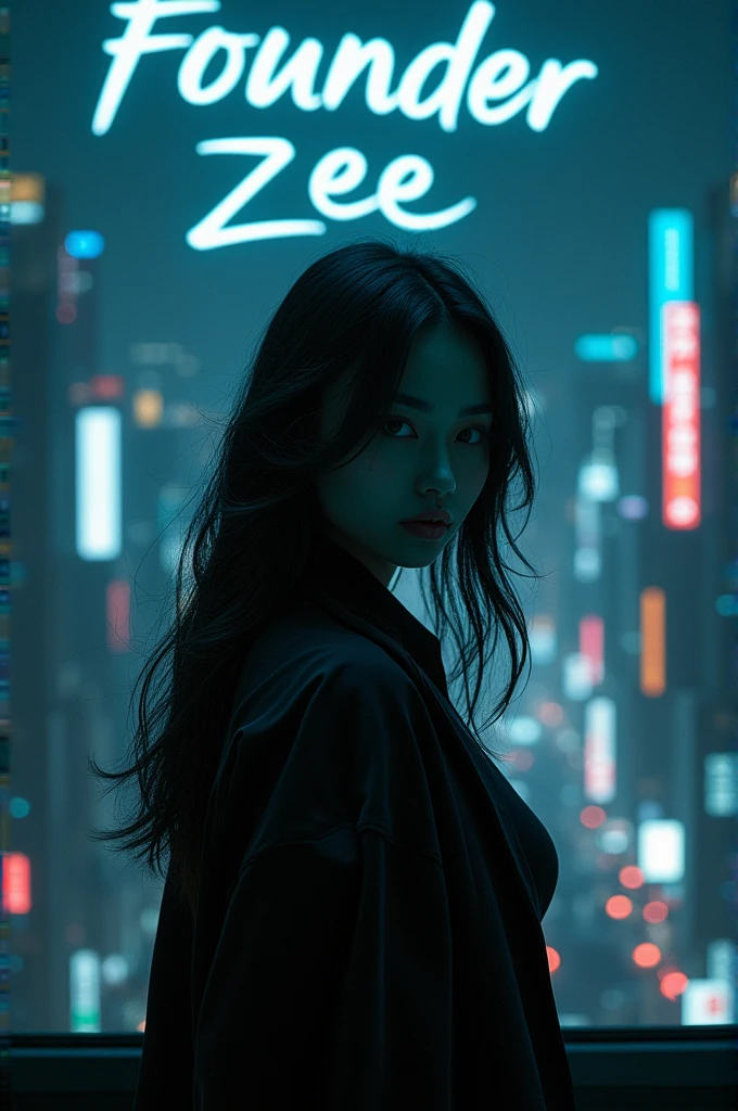 douyin woman with dark Tokyo city background, contains luminary writing above, founder and zee name in the photo 