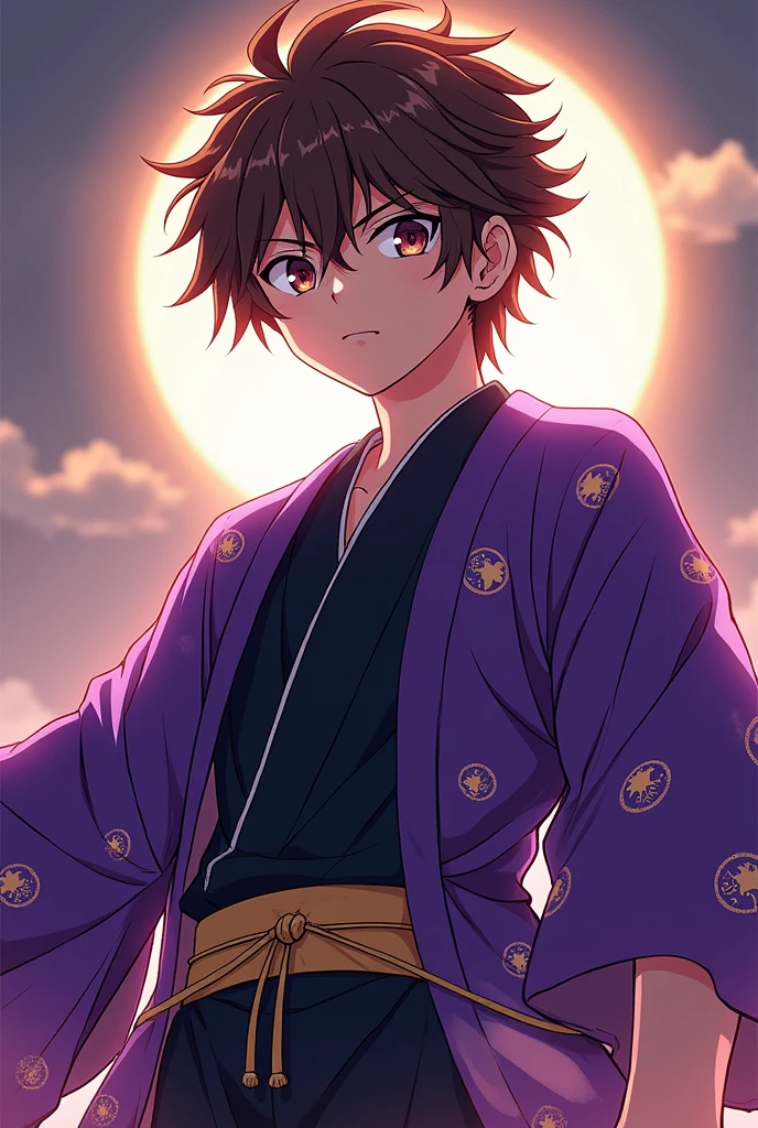 Handsome 16 year old boy from kimetsu no yaiba with messy brown hair with lighter brown bangs wearing a purple haori with stars and moons