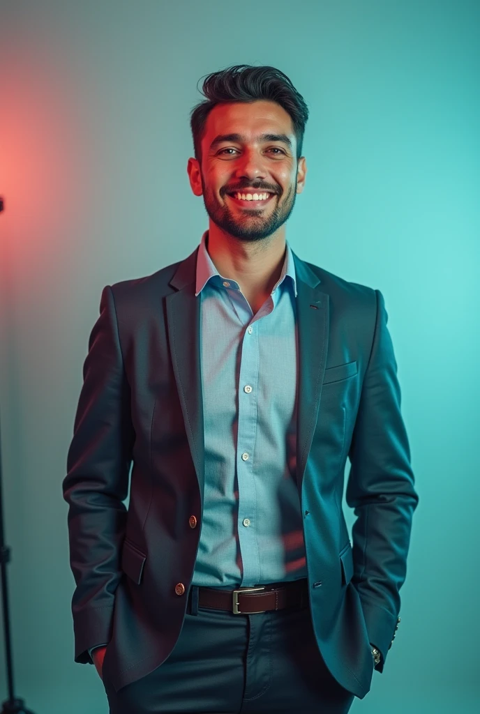 The man is positioned against aqua colour backdrop with a subtle red lighting on the left side. and he posing for LinkedIn profile