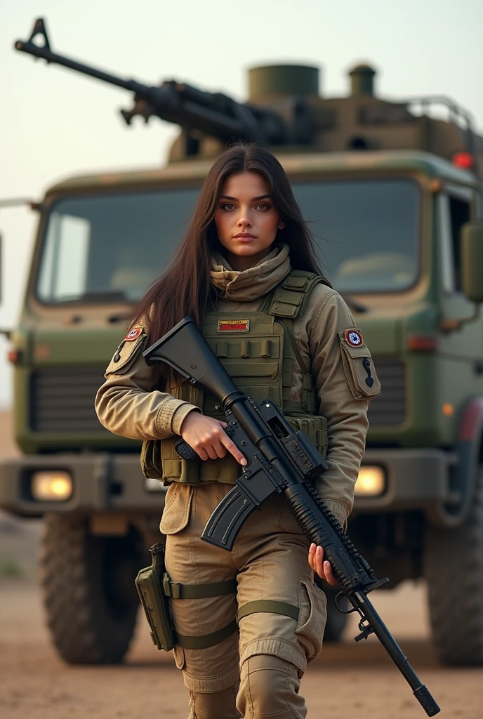 Alafed truck with gun on back, Afghan fighters, French special forces, heavily armed, Taliban, Kurdish soldiers, heavily armored, Military Vehicle, military weapons, militar outfit, truck, camouflage, special forces security, modern militar outfit, carrying rifle, shoulder mounted weapon, gun posing in front of truck A female soldier, ((work of art, highest quallity, A highest quallity de imagem, high resolution, photorrealistic, CRU photo, 8k)), ((Extremely detailed 8k unified CG wallpaper)), (huge stunning photo of goddess, Very hot and sexy, jaw dropping beauty, perfect proportions, Body cute, Slim Body Beauty:1.4),