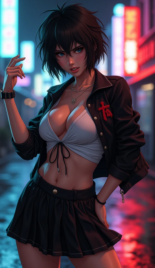 Create a live-action depiction of a female version of Yuusuke Urameshi. She has short, messy black hair and fierce, determined eyes. Her outfit is a modernized, revealing version of her school uniform, featuring a tight-fitting, deep V-neck shirt that accentuates her large chest, paired with a cropped jacket and high-waisted skirt. She has a confident and rebellious expression, with a feminine version of her spirit gun pose.
• Background: A realistic, urban street scene at night in a gritty city, with neon lights reflecting off the wet pavement.