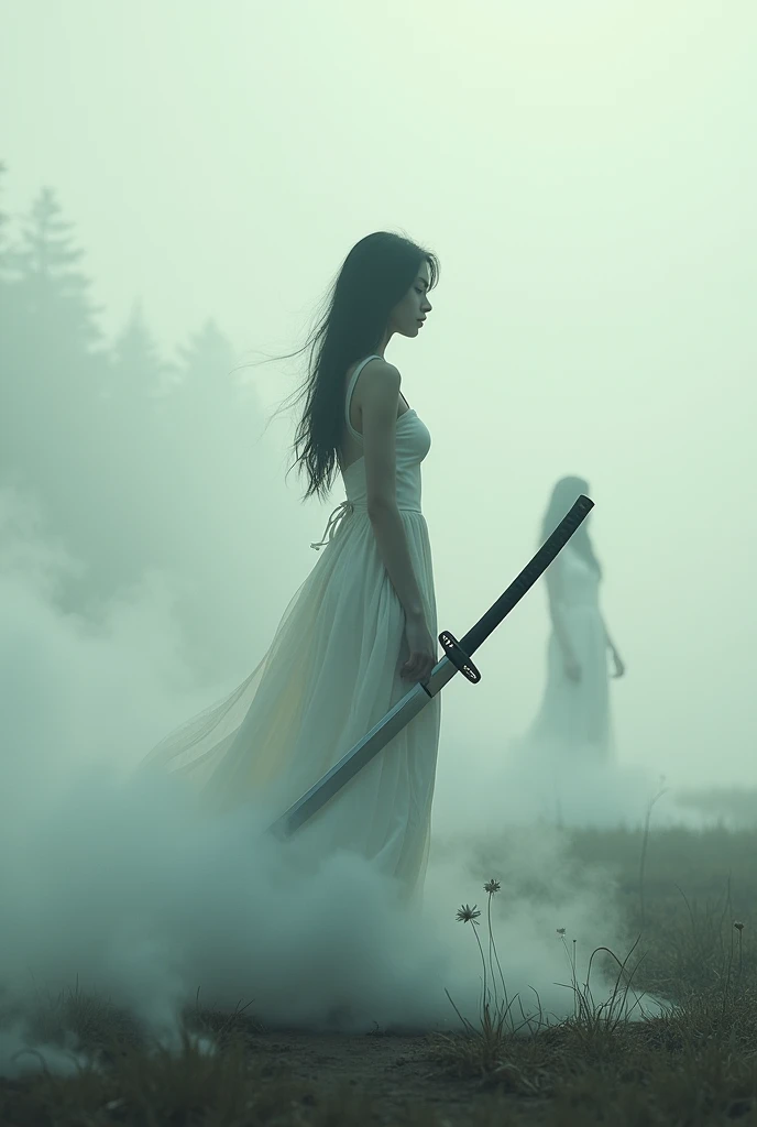 editorial photography,super detailed background,Super realistic,double exposure,depth of field,beauty super slender skinny vides,soft focus pure tone,narrative scene,White smoke rises from the blade of a long Japanese sword,the katana is stuck,girl beyond,