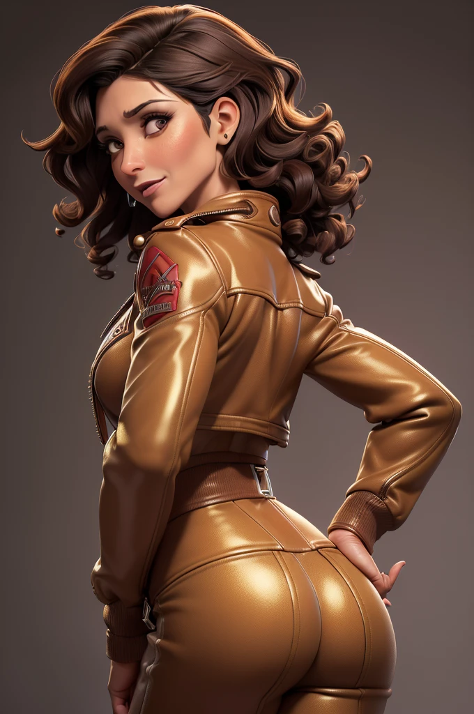 obra prima, melhor qualidade, ((only one woman,)) ((julia louis dreyfus, dark tan skin, short black curly hair, heavy makeup eye shadow, mouth open,)) (((wearing thigh length brown distressed red jacket,))) (((jacket is zipped up, jacket covers waist and ass,))) ((jacket has stiff high collar,)) ((gold pvc gloves,)) body is very skinny, standing up, (((arched back, shoulders leaning way back, hips twisting, head tilted way back, chin up,))) ((camera back view, extreme closeup view of upper body,)) shallow depth of field, highres, HD, 8k, anatomically correct