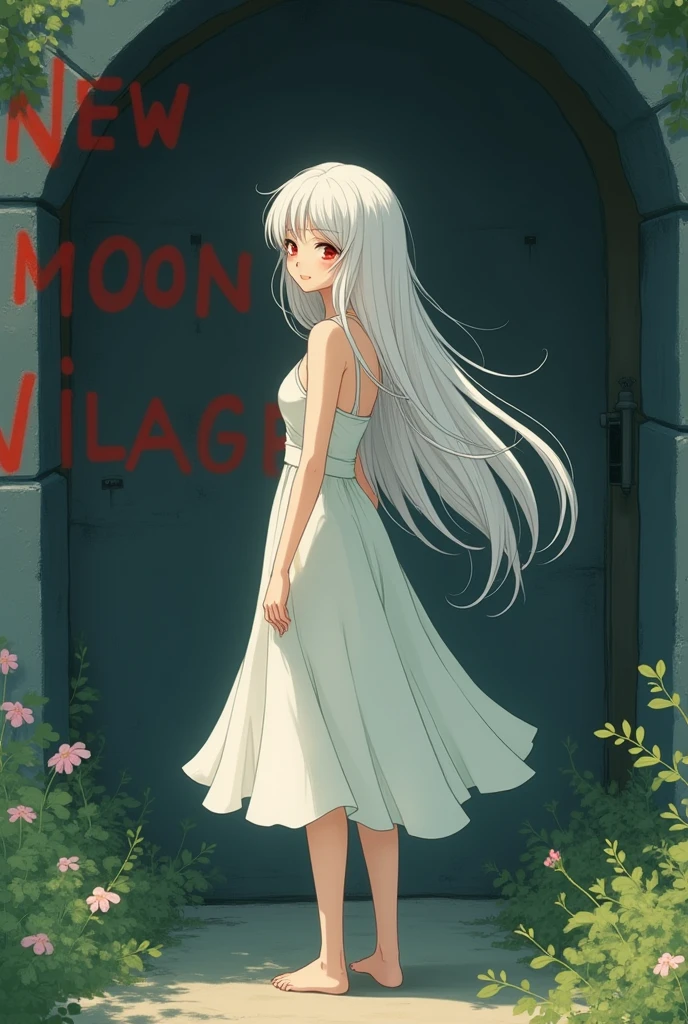 Ghibli style image of a 24 year old albino woman, with a white dress that reaches above her knees, Red eyes, Long hair, smiling.
The background of the image is a black wall, with a graffiti that says: New Moon Village
