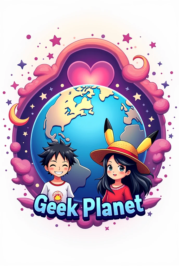 logo con un 🌎 en grande y en la parte del fondo combinado con estrellas, heart and crescent moon in pink with purple, In the front of the world there are two anime figures, a boy with wavy hair and a girl with long black hair wearing shirts and Pikachu ears or a straw hat. (Luffy de one piece) and the name Geek Planet in the middle of the logo (with vivid colors throughout the image) WITH WHITE BACKGROUND