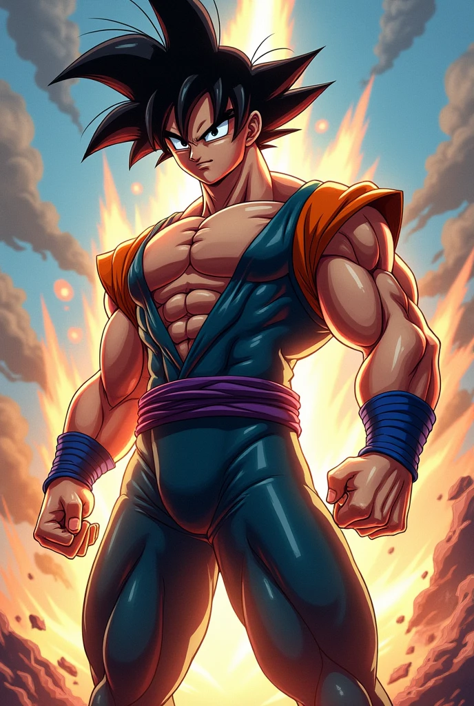 Draw Son Goku in a Dragon Ball cartoon style in a glossy tight wrestling outfit