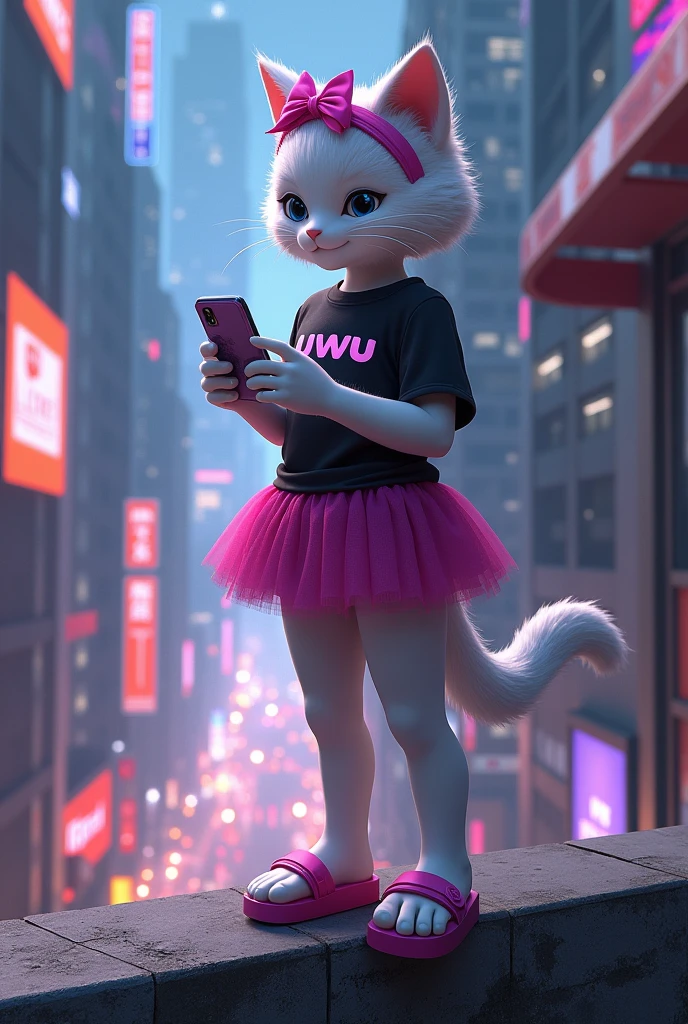 anthropomorphic white female ((cat)) with soft and ((fluffy)) fur and ribbon on her head and magenta croc sandal, standing cute on the concrete wall in cyberpunk city looking at her smartphone, write 'uWu' on her black shirt and magenta tutu skirt, cinematic color grading, dramatic lighting.