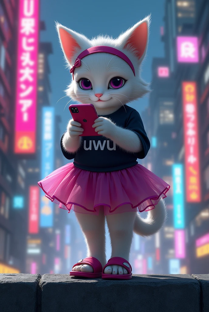 anthropomorphic white female ((cat)) with soft and ((fluffy)) fur and ribbon on her head and magenta croc sandal, standing cute on the concrete wall in cyberpunk city looking at her smartphone, write 'uWu' on her black shirt and magenta tutu skirt, cinematic color grading, dramatic lighting.