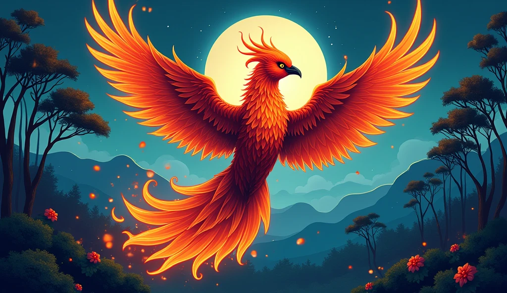 image to be tattooed with the elements of fire phoenix, naturey, night and intensity. facefocus. Bigger beak. colorful colors. Modern and flat style.