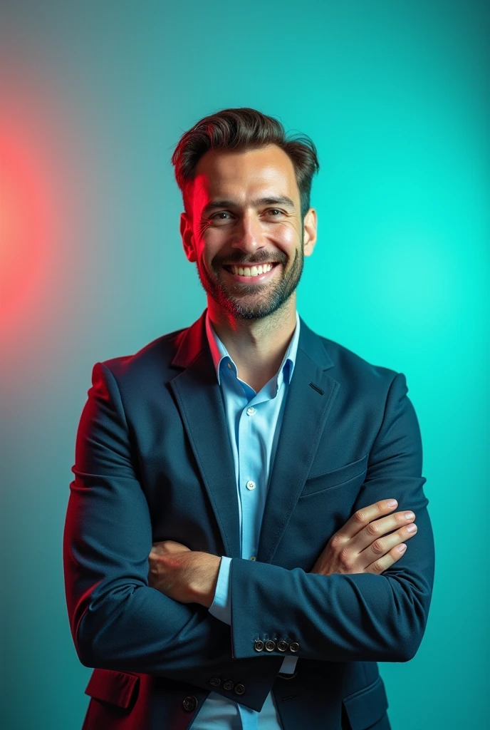 The man is positioned against aqua colour backdrop with a subtle red lighting on the left side. and he posing for LinkedIn profile