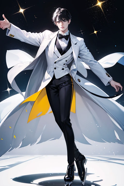 Patterson is a white doll with black hair.
He wears a tuxedo with a painted dress shirt and yellow pants.
 He has a black tux coat and wears white ice skates. SPARKLE; GLITTER