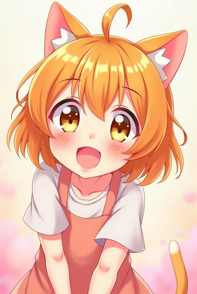 Create a 2d image of a cute anime girl smiling with pastel orange hair all excited with cat ears