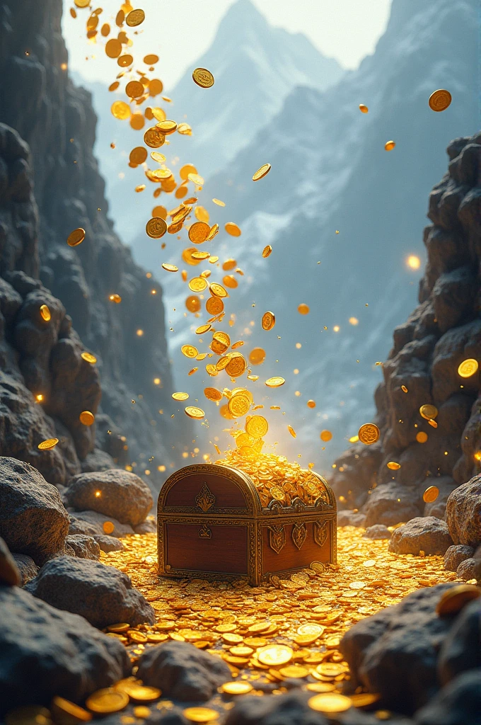 Splash coins and box in mountain money flying