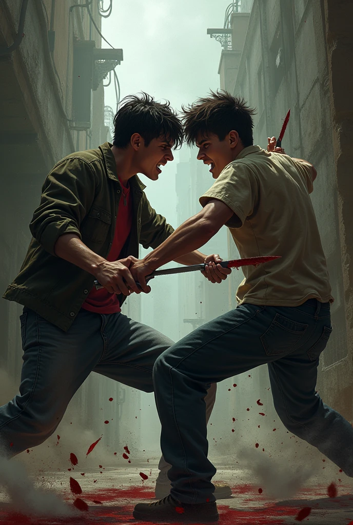 2 teenage boys are fighting and stabbing eachother with knives
W
