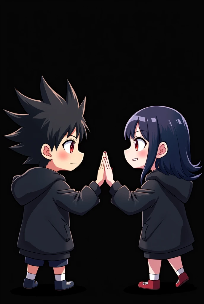 A boy ((( Anime boy , Spiky hair , black hair , black hoodie , blood red eyes , narrowed eye
))) , A girl ((( Anime girl , dark blue hair , modern day mullet hair style , black hoodie , red eyes , almond eye
))) , black background , highfive , chibi