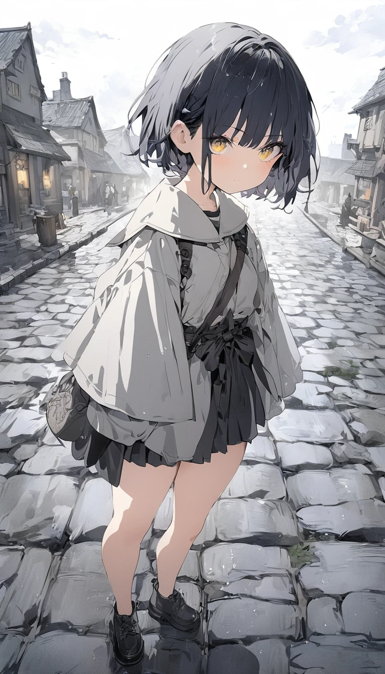 (anime style: 1.4), soft painterly touches, High resolution, Attention to details, high quality, 4k, 8K, stone road, after the rain, anime girl, yellow eyes, short hair, dark blue hair, clothing adventurer, gray scale color effect, full body, ruined Celtic city background