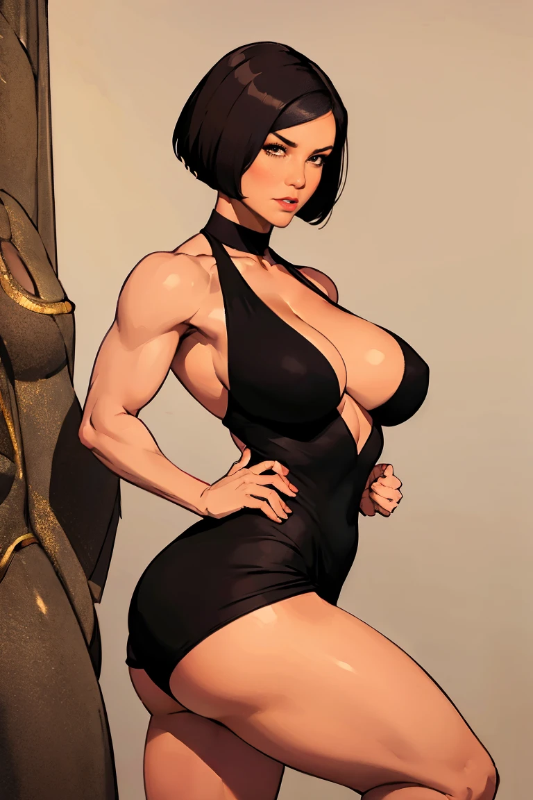 Brunetette, short-hair, flat hair, firm breasts, athletic physique, perfect ass, ((tight black body)), high-heels, a nuclear dark sorceress.