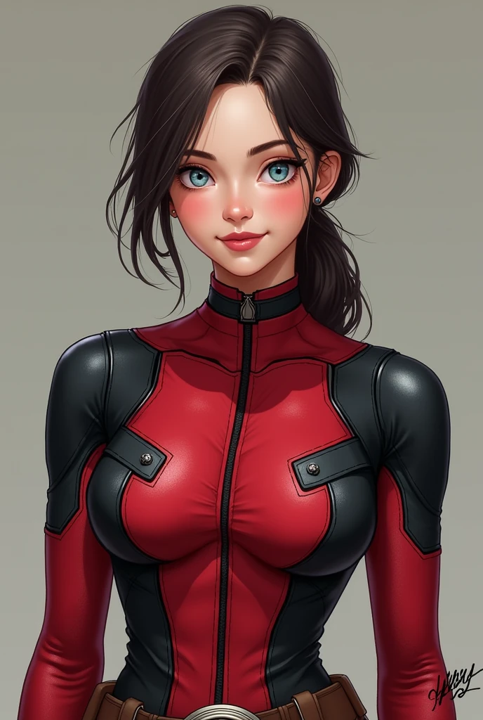 The woman with the delicate and feminine face, with intense light blue eyes, straight and thin nose, and a small, oval mouth, He dresses in a Deadpool suit without a mask. The suit is fitted and has a button and belt design on the torso., with a short, flared skirt that covers her legs. Her open, youthful face stands out at the top of the suit., without any auger covering his face. Her eyes shine with a sweet and lively glow, and his smile is warm and friendly. The suit is a striking red color and the floral design is minimalist., with details on the belt and buttons that give it a touch of irony and humor. The skirt has a small buckle and the belt is the typical Deadpool belt., with a big "D" metallic in the middle. The woman looks comfortable and confident in the suit, with a youthful and rejuvenating air.