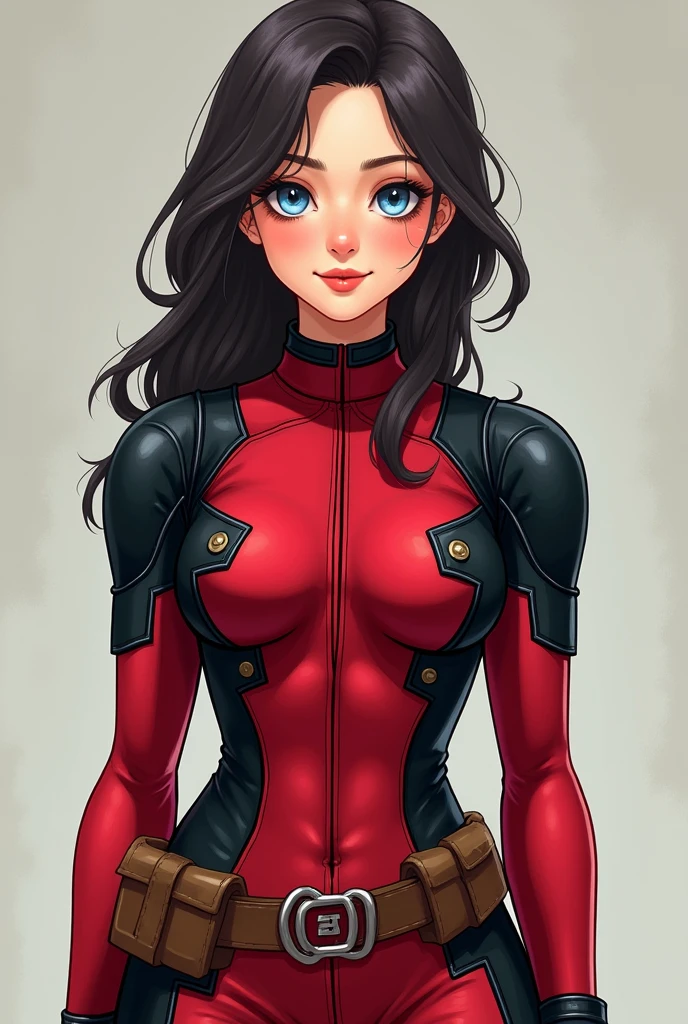  The woman with the delicate and feminine face, with intense light blue eyes, straight and thin nose, and a small, oval mouth, He dresses in a Deadpool suit without a mask. The suit is fitted and has a button and belt design on the torso., with a short, flared skirt that covers her legs. Her open, youthful face stands out at the top of the suit., without any auger covering his face. Her eyes shine with a sweet and lively glow, and his smile is warm and friendly.  The suit is a striking red color and the floral design is minimalist., with details on the belt and buttons that give it a touch of irony and humor. The skirt has a small buckle and the belt is the typical Deadpool belt., with a big "D" metallic in the middle. The woman looks comfortable and confident in the suit, with a youthful and rejuvenating air.